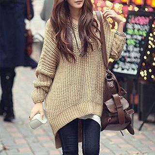 Hooded Dip Back Chunky Sweater