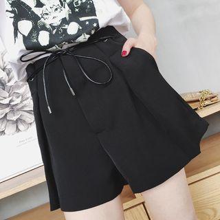 Tie-wasit Wide-leg Plain Shorts