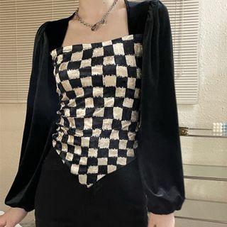 Puff-sleeve Checkerboard Blouse White & Black - One Size