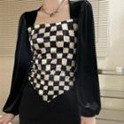 Puff-sleeve Checkerboard Blouse White & Black - One Size
