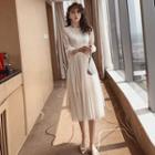 Set: Slipdress + Glitter Long-sleeve Mesh Midi A-line Dress