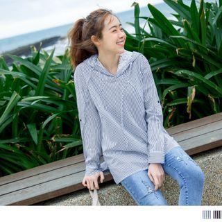 Roll-up Sleeve Striped Hooded Top