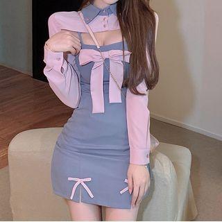 Mock Two-piece Panel Cutout Bow Mini Bodycon Dress