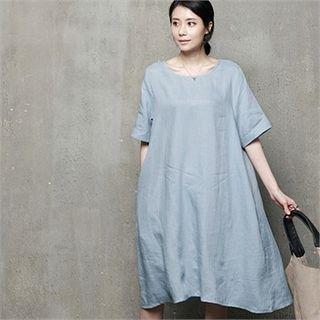 Elbow-sleeve A-line Linen Dress