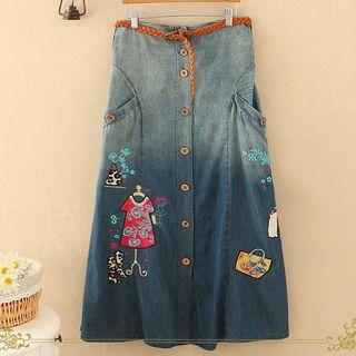 Embroidered Midi Denim Skirt Denim Blue - One Size