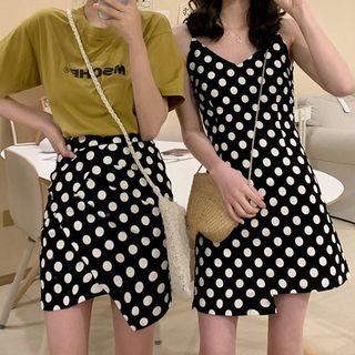 Polka Dot Spaghetti-strap Asymmetric Mini Dress / Mini Skirt