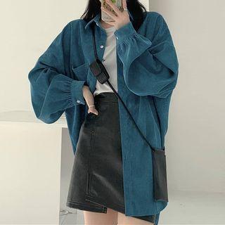 Corduroy Shirt / Faux Leather Mini A-line Skirt