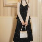Long-sleeve Lace Top / Spaghetti Strap Velvet Midi A-line Dress / Set