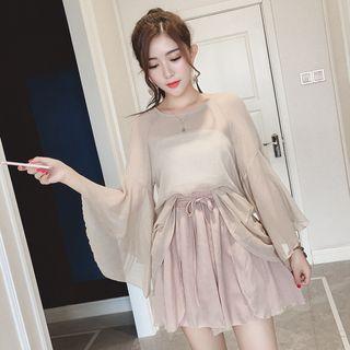 Set: Bell-sleeve Chiffon Top + Wide Leg Shorts