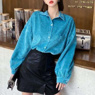 Plain Single-breasted Long-sleeve Shirt Blue - One Size