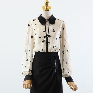 Floral Shirt / Rhinestone Asymmetrical Pencil Skirt