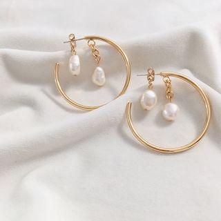 Freshwater Pearl Alloy Open Hoop Earring 1 Pair - One Size