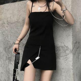 Sleeveless Chain Accent Asymmetrical Mini Dress