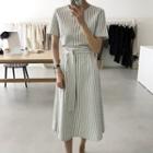 Short-sleeve Striped Midi A-line Dress Stripes - Green & White - One Size