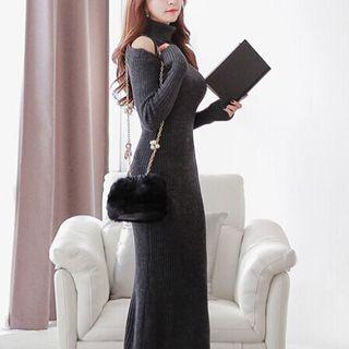 Turtleneck Cold-shoulder Knit Midi Bodycon Dress
