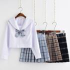 Sailor Collar Top / Plaid A-line Skirt / Cardigan / Set