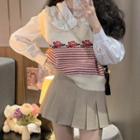 Puff-sleeve Ruffled Blouse / Floral Print Sweater Vest