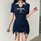 Short-sleeve V-neck Lettering Mini Sheath Dress