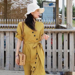 V-neck Tie-waist Maxi Shirtdress