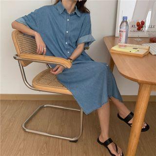 Short Sleeve Denim Slit -side Shirtdress As Shown In Figure - One Size