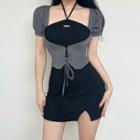 Set: Halter Slit Mini Bodycon Dress + Short-sleeve Corset Top