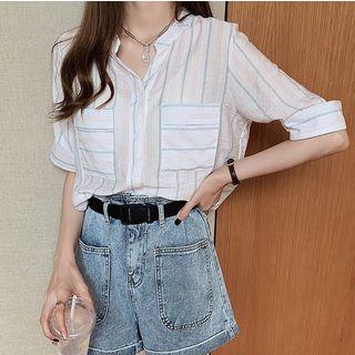 Front Pocket Stripe Short-sleeve Blouse