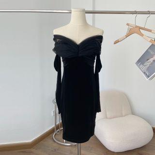 Long-sleeve Mesh Panel Velvet Shaping Dress
