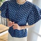 Flutter Sleeve Crew Neck Printed Shirt Blue - One Size