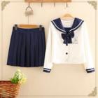 Sailor-collar Rabbit Embroidered Bow-detail Long-sleeve Top / Pleated Mini Skirt