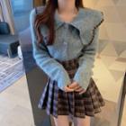 Collared Cardigan / Plaid Pleated Mini A-line Skirt