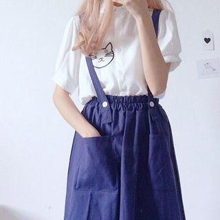 Short-sleeve Cat Embroidered Shirt / Suspender Midi A-line Skirt