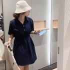Elbow-sleeve Plain Collar Button-up Loose-fit Drawstring Mini Dress Blue - One Size
