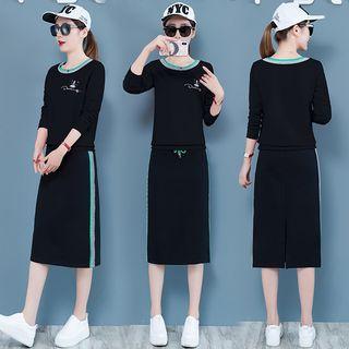 Set: Long-sleeve Contrast Trim Top + Midi A-line Skirt
