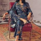 Set: V-neck Floral Printed Tie-waist Top + Wide-leg Pants