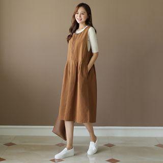 Pintuck Wrap-back Midi Overall Dress