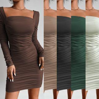 Long Sleeve Square Neck Ruched Sheath Dress