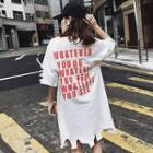 Lettering Ripped Elbow-sleeve Long T-shirt