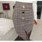 Asymmetric-hem Button-trim Plaid Skirt