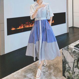 Elbow-sleeve Color Block Midi A-line Shirtdress