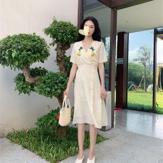 Short-sleeve Embellished Striped Midi A-line Dress