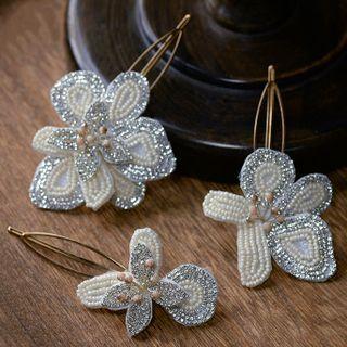 Set Of 3: Beaded Flower Hair Clip Set Of 3 - White - One Size