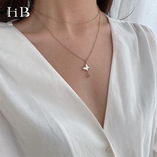 Shell Butterfly Pendant Layered Choker Necklace As Shown In Figure - One Size