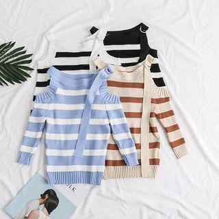 Buckled Off-shoulder Striped Knit Top