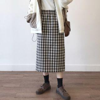 Plaid Split Hem A-line Skirt Brown - Plaid - One Size