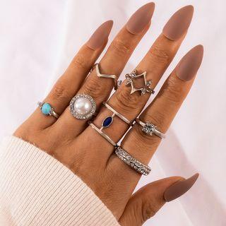 Set Of 7: Ring Set Of 7 - Sky Blue & Dark Blue Rhinestone - Silver - One Size