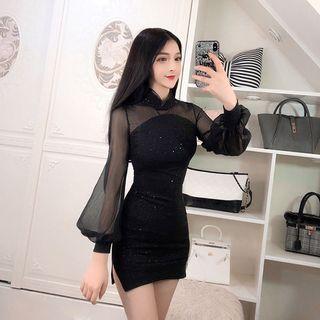 Puff-sleeve Mesh Paneled Glitter Mini Sheath Dress