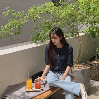 Puff-sleeve Knit Cardigan Navy Blue - One Size