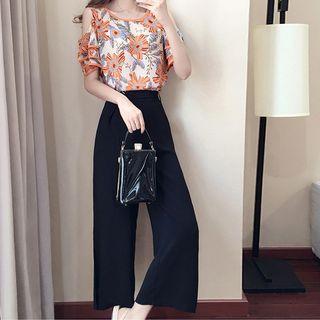 Set: Flower Print Cold-shoulder Top + Wide-leg Pants