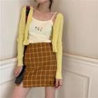 Flower Camisole Top / Plain Light Cardigan / Plaid Skirt