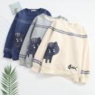 Long Sleeve Striped Cat Embroidered Pullover
